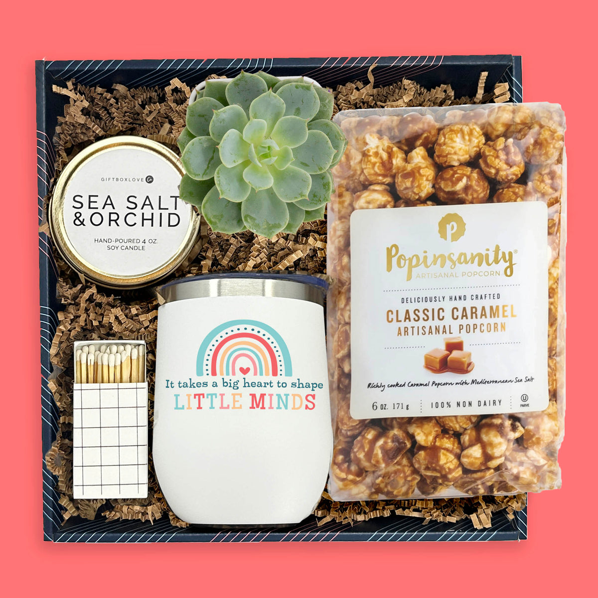 Teacher appreciation gift box with tumbler, succulent, candle and caramel popcorn