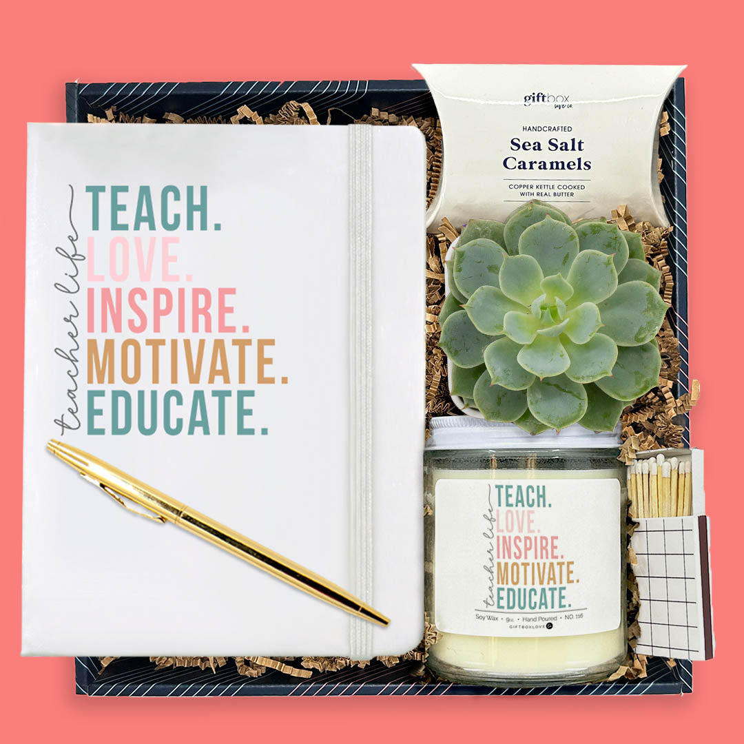 Teacher life appreciation gift box with journal candle succulent pen and caramels