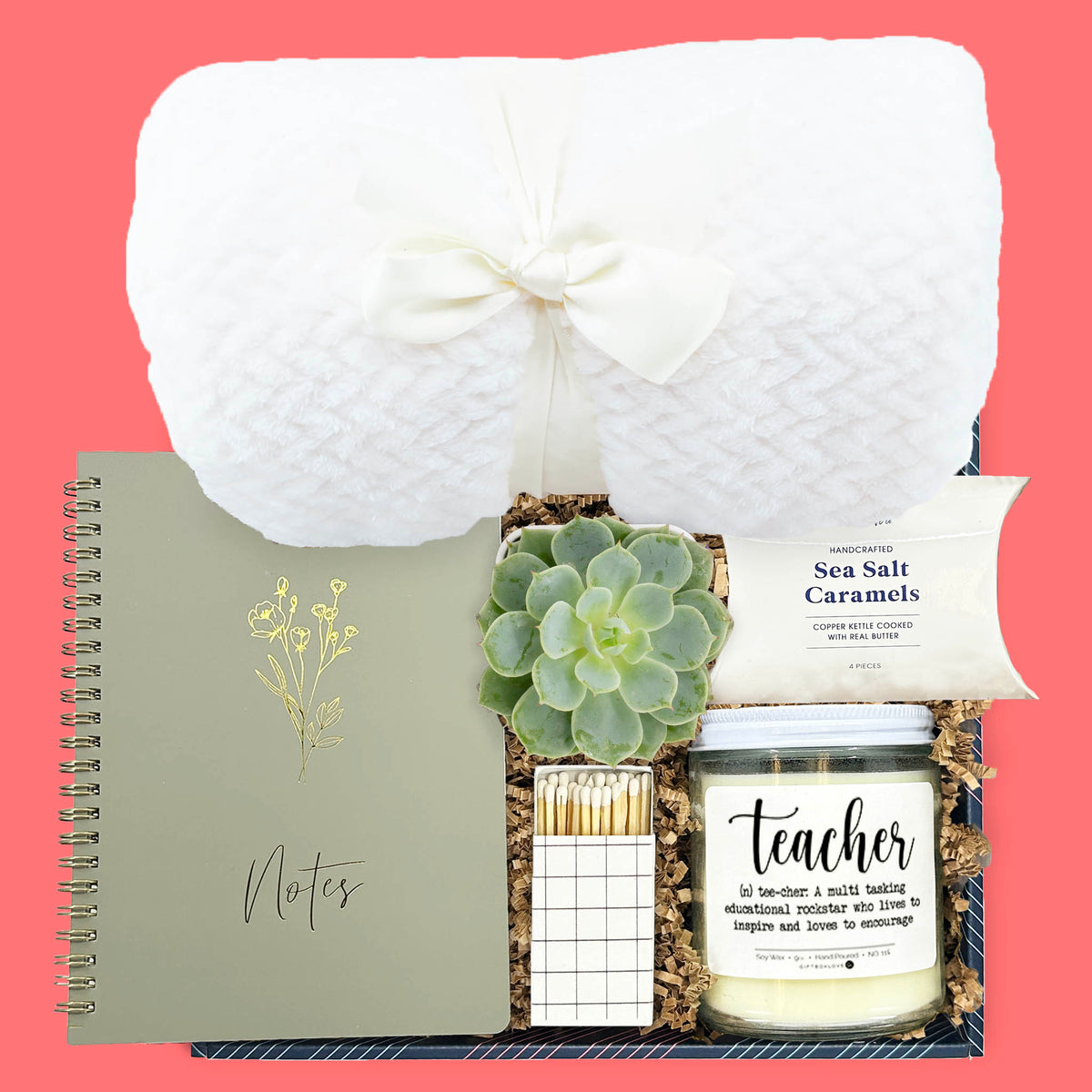 teacher's comfort gift box with plush blanket notebook succulent teacher candle and sea salt caramels