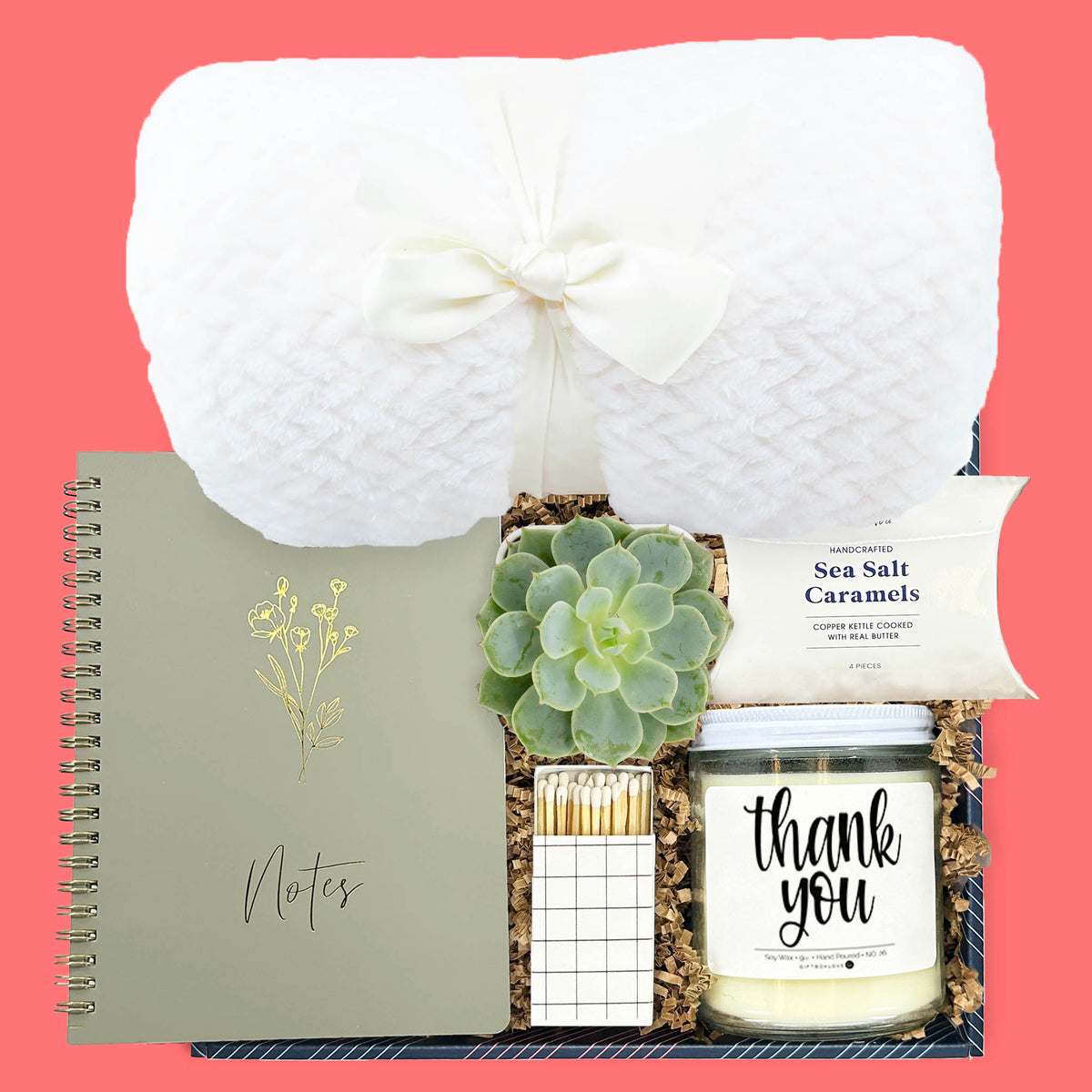 thank you gift box with blanket candle succulent notebook and caramels