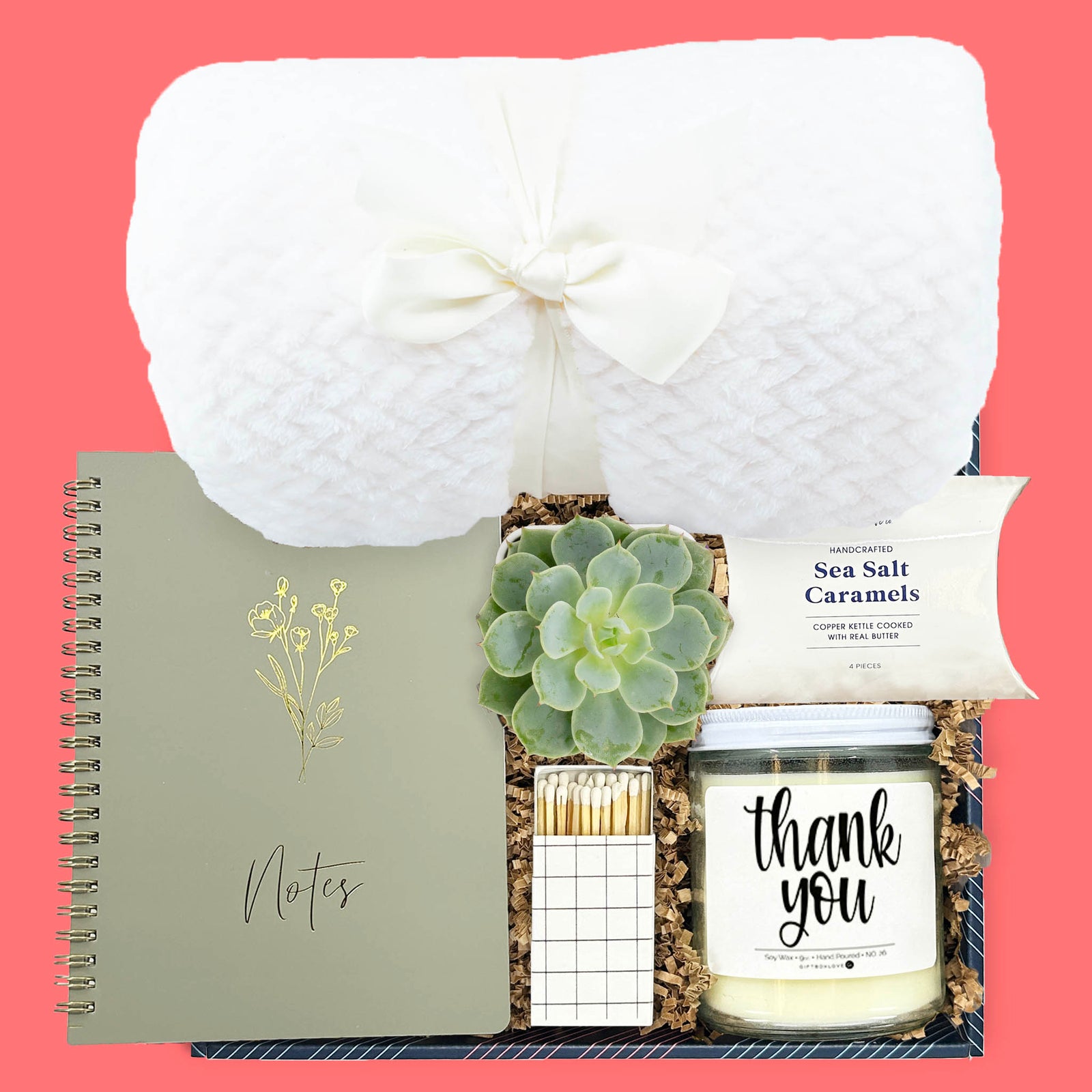 thank you gift box with blanket candle succulent notebook and caramels