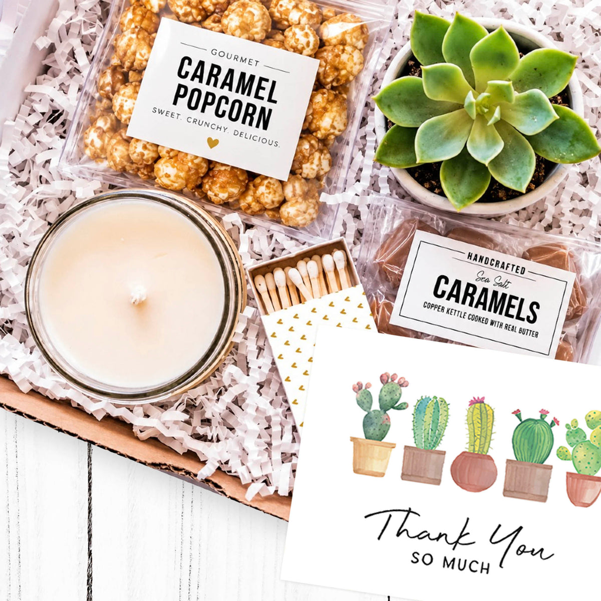 Thank you gift box with succulent, candle, caramel popcorn and caramels