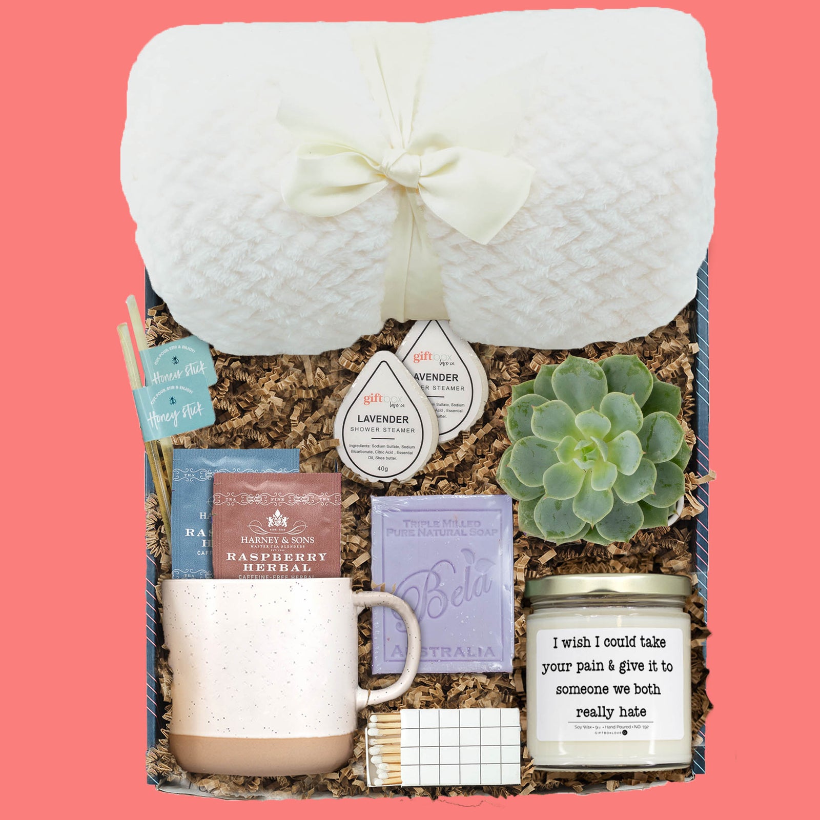 the feel better box with blanket succulent tea mug candle and self care gifts