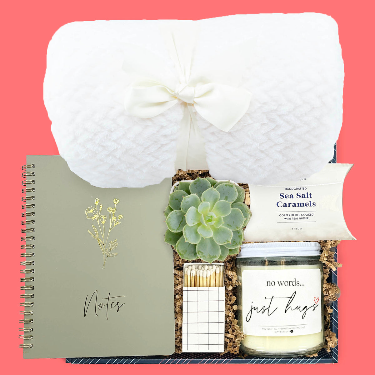 comfort gift box with blanket candle succulent notebook and caramels