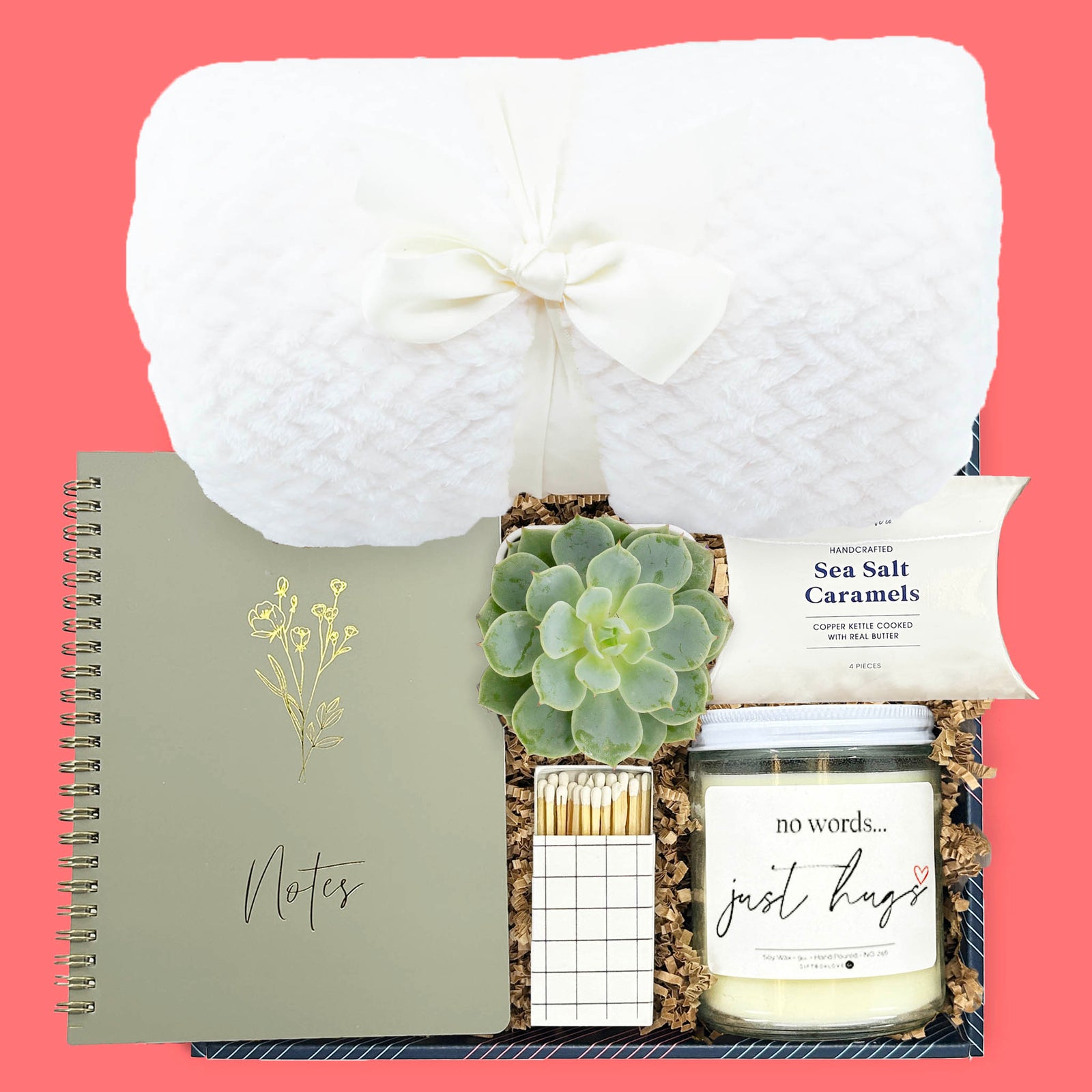 comfort gift box with blanket candle succulent notebook and caramels