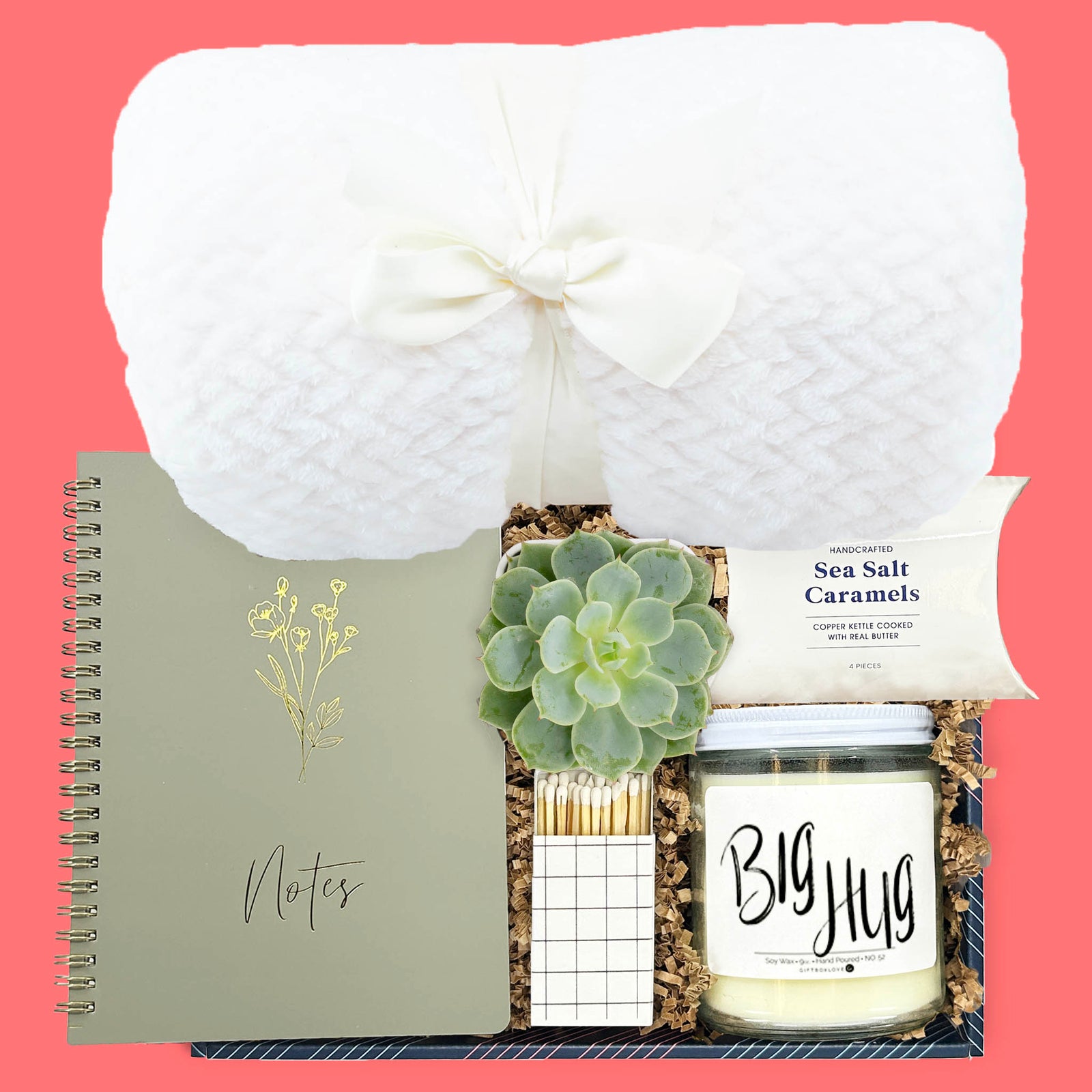 cozy thoughtful gift box with blanket candle succulent and caramels
