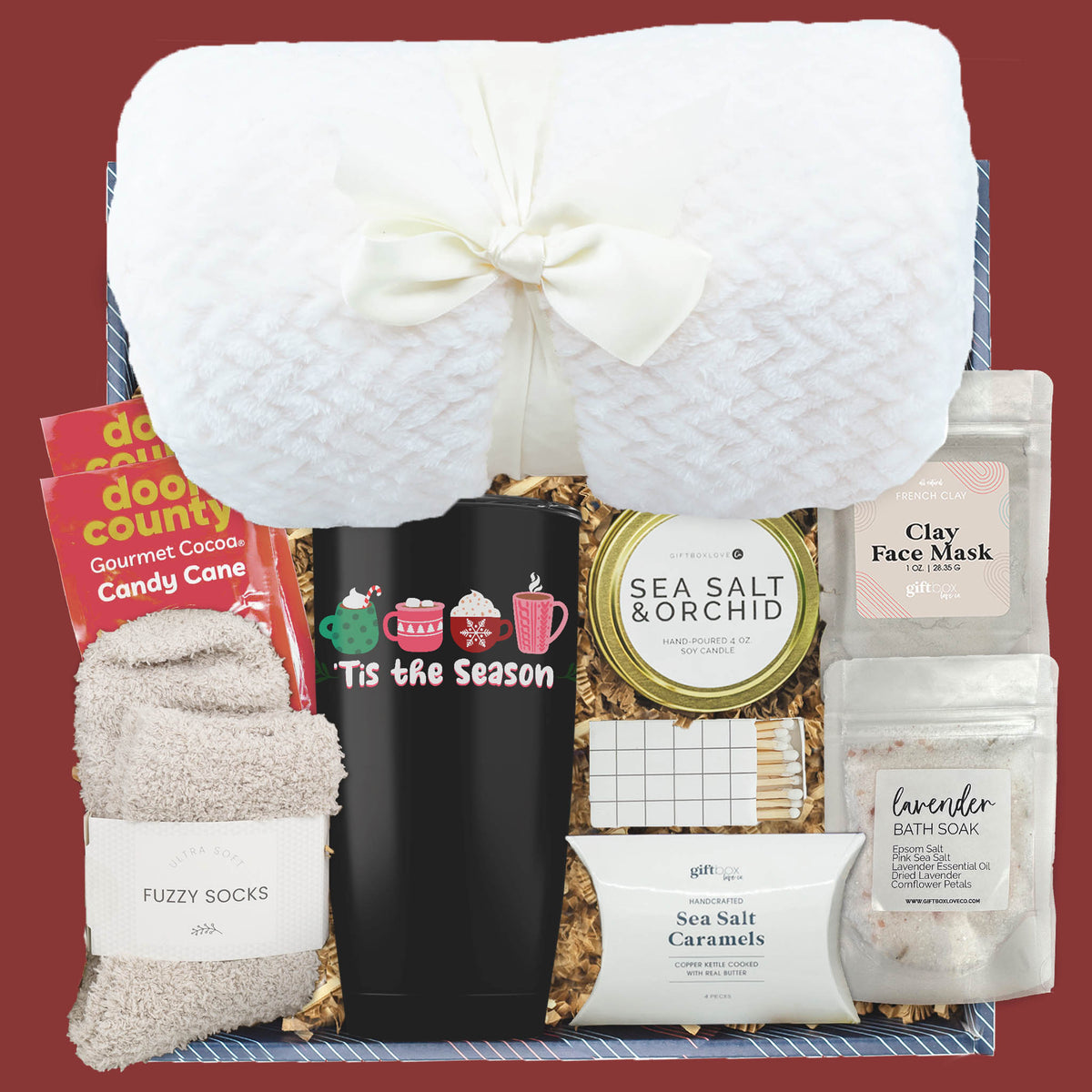 ’Tis the Season Christmas gift box with blanket, cocoa, candle, and tumbler