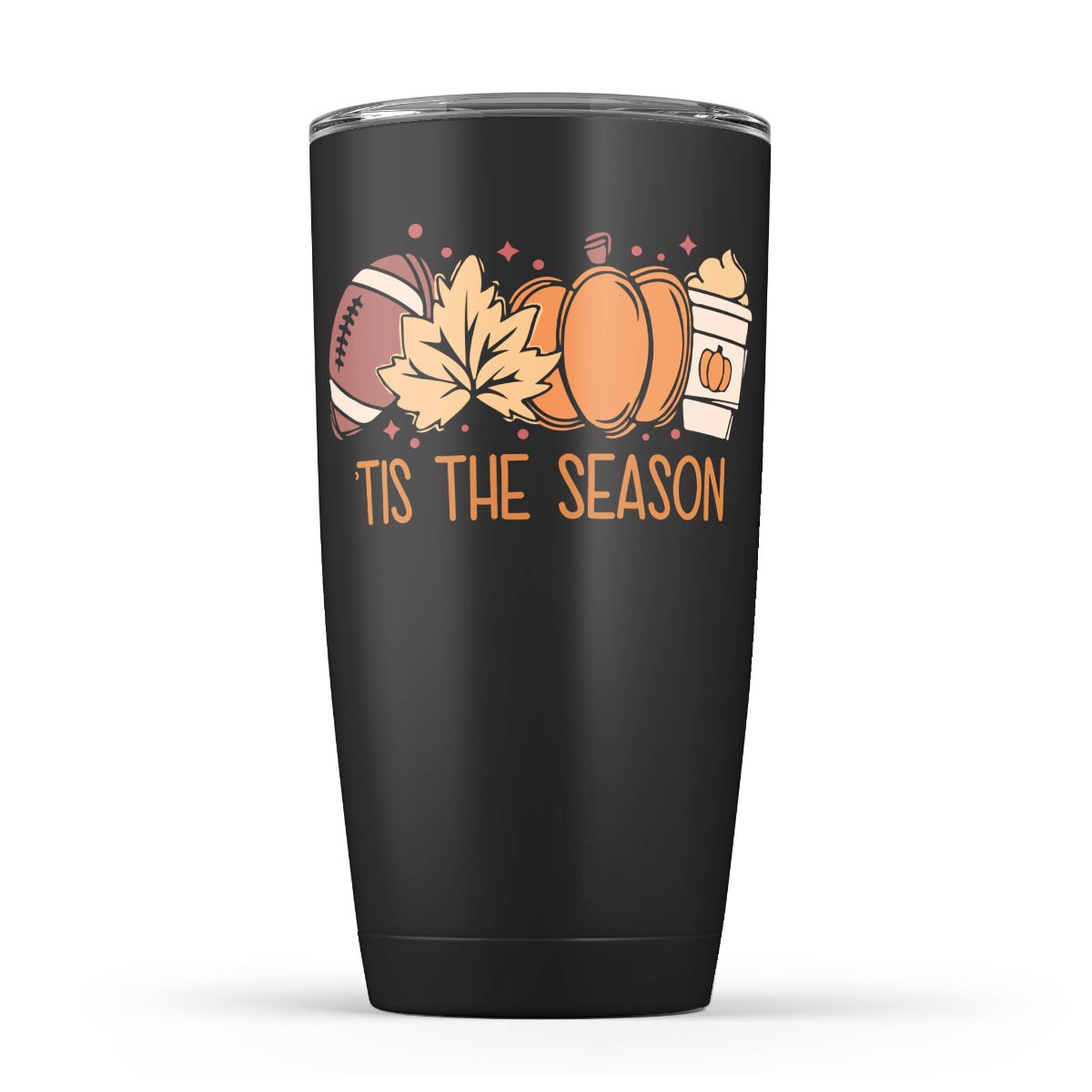 Black stainless steel tumbler with fall design and text ’Tis the Season.