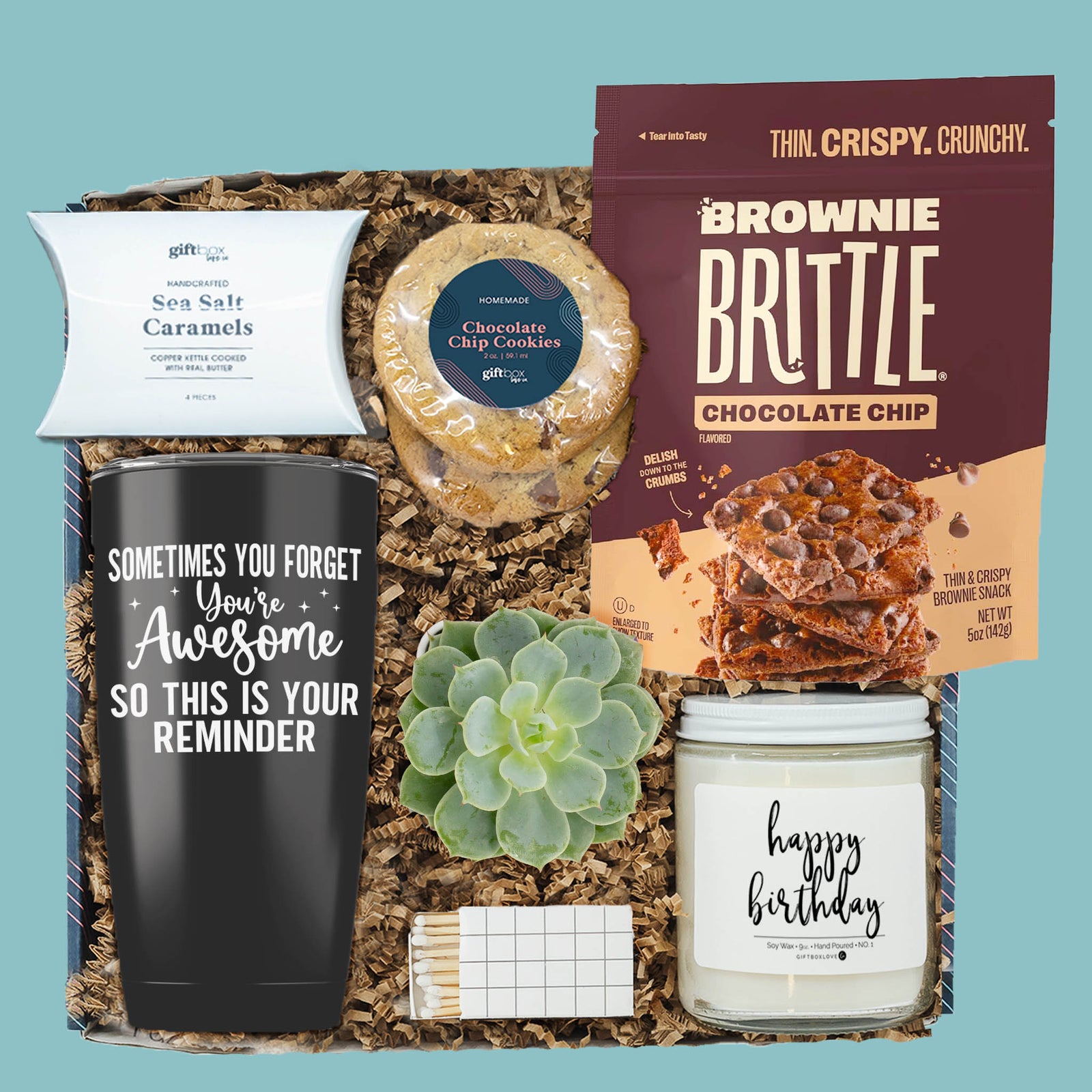 treat yourself birthday gift box with inspirational tumbler birthday candle succulent cookies and gourmet snacks