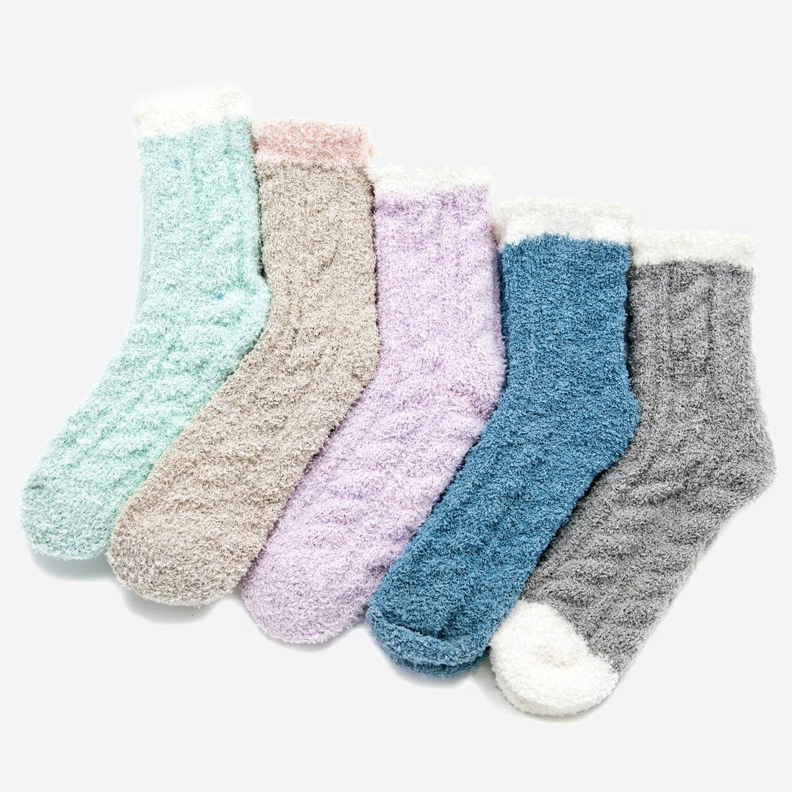 Ultra-soft fuzzy socks in assorted pastel and neutral colors