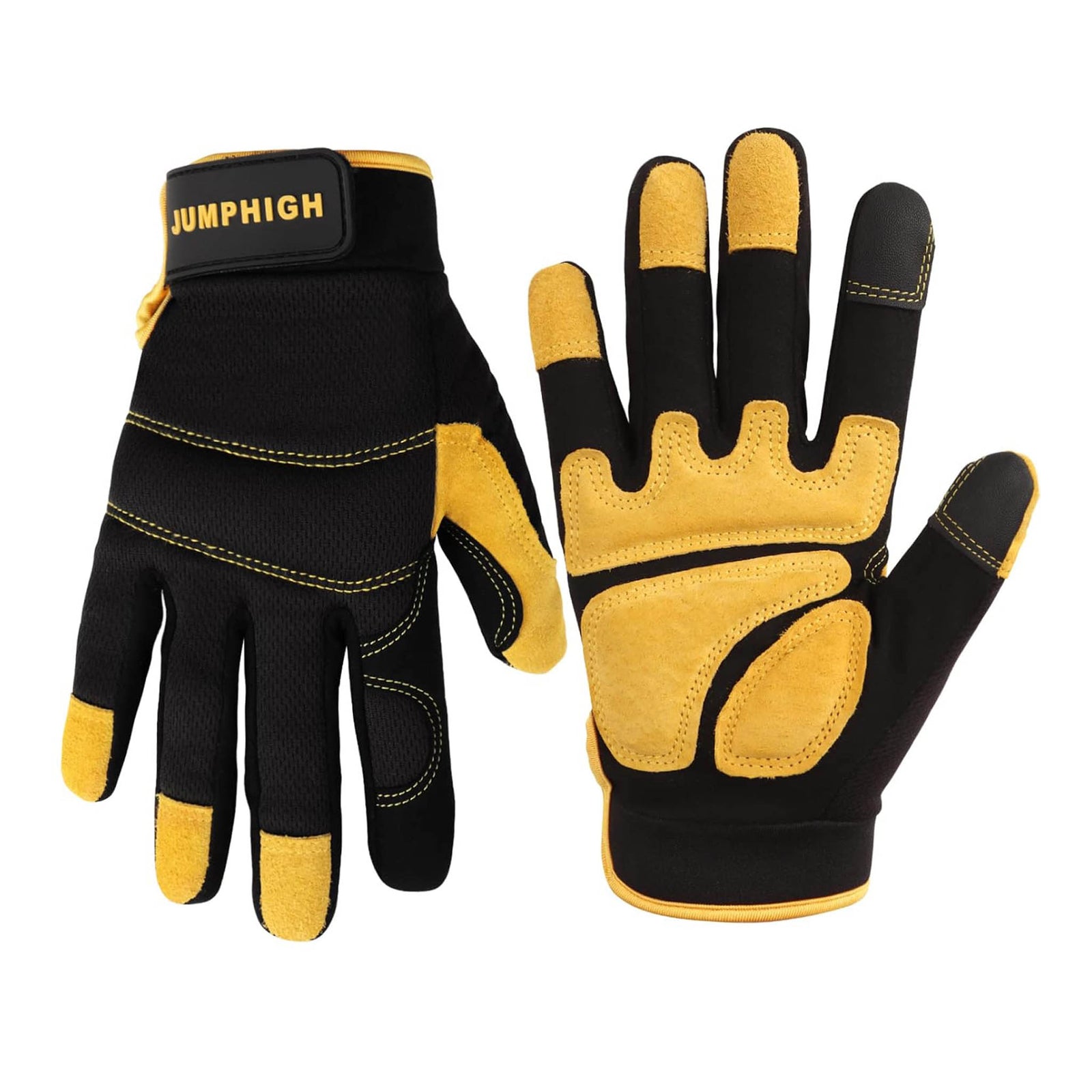 black and yellow utility work gloves with padded palm and reinforced fingertips