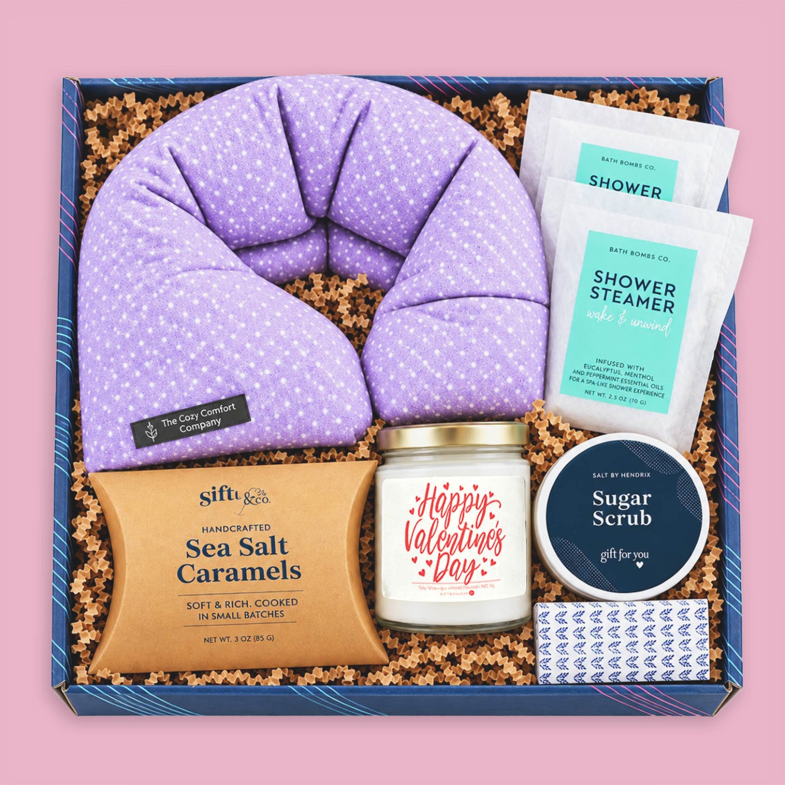 Valentine's Day Candle Gift Box with lavender neck wrap, shower steamers, Valentine's candle, sugar scrub, sea salt caramels, and decorative matches