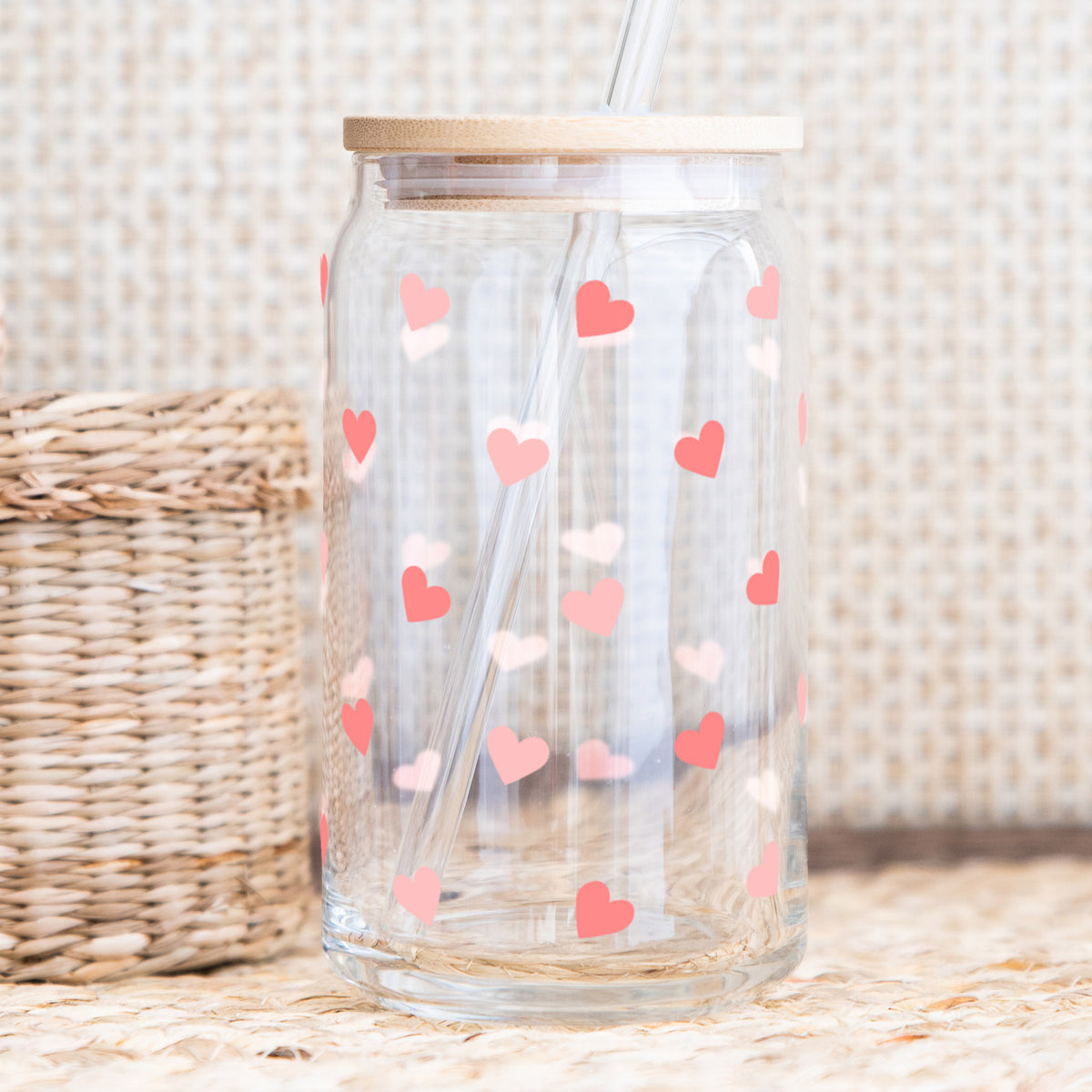 Valentine’s Iced Coffee Glass with reusable straw, snug lid, and love-inspired design, perfect for coffee lovers and Valentine’s Day gifting.





