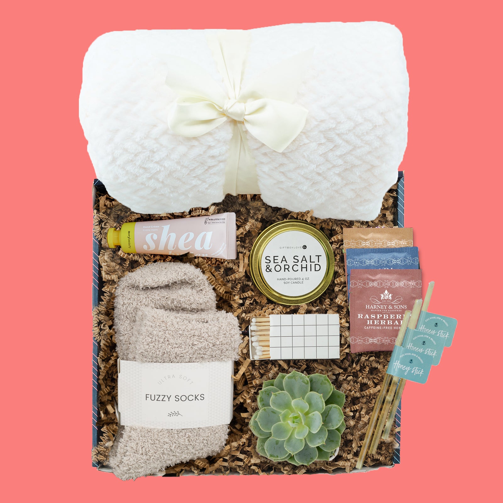 Wishes & Wellness Gift Box with blanket, candle, tea, and succulent