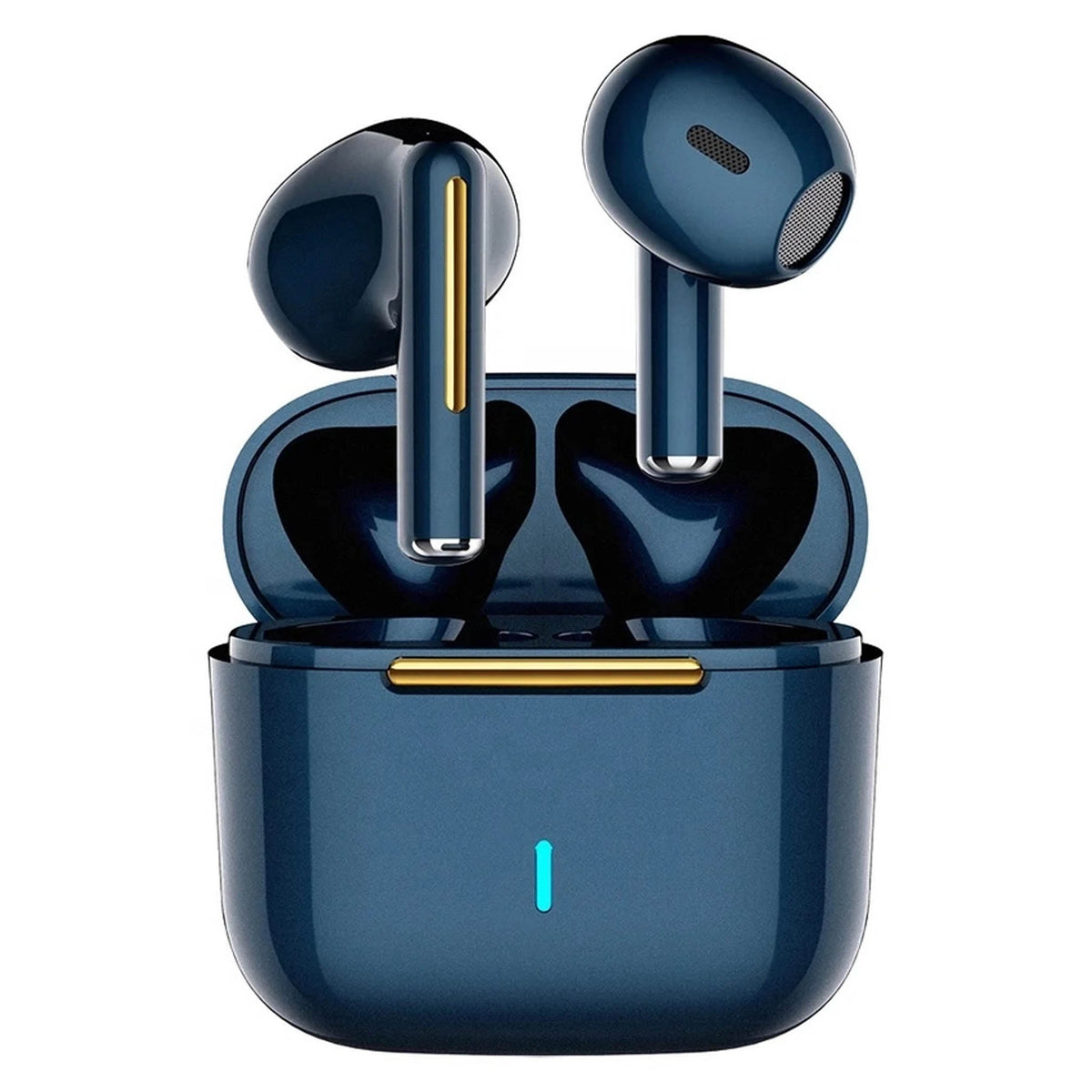 Midnight blue wireless earbuds with charging case and USB cable