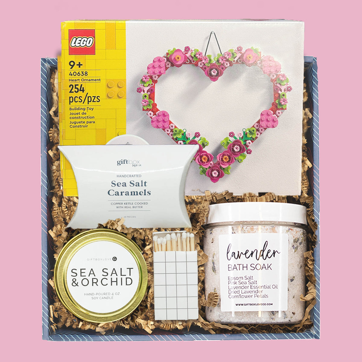 Valentine’s spa gift box with LEGO heart kit, lavender bath soak, candle, and caramels
