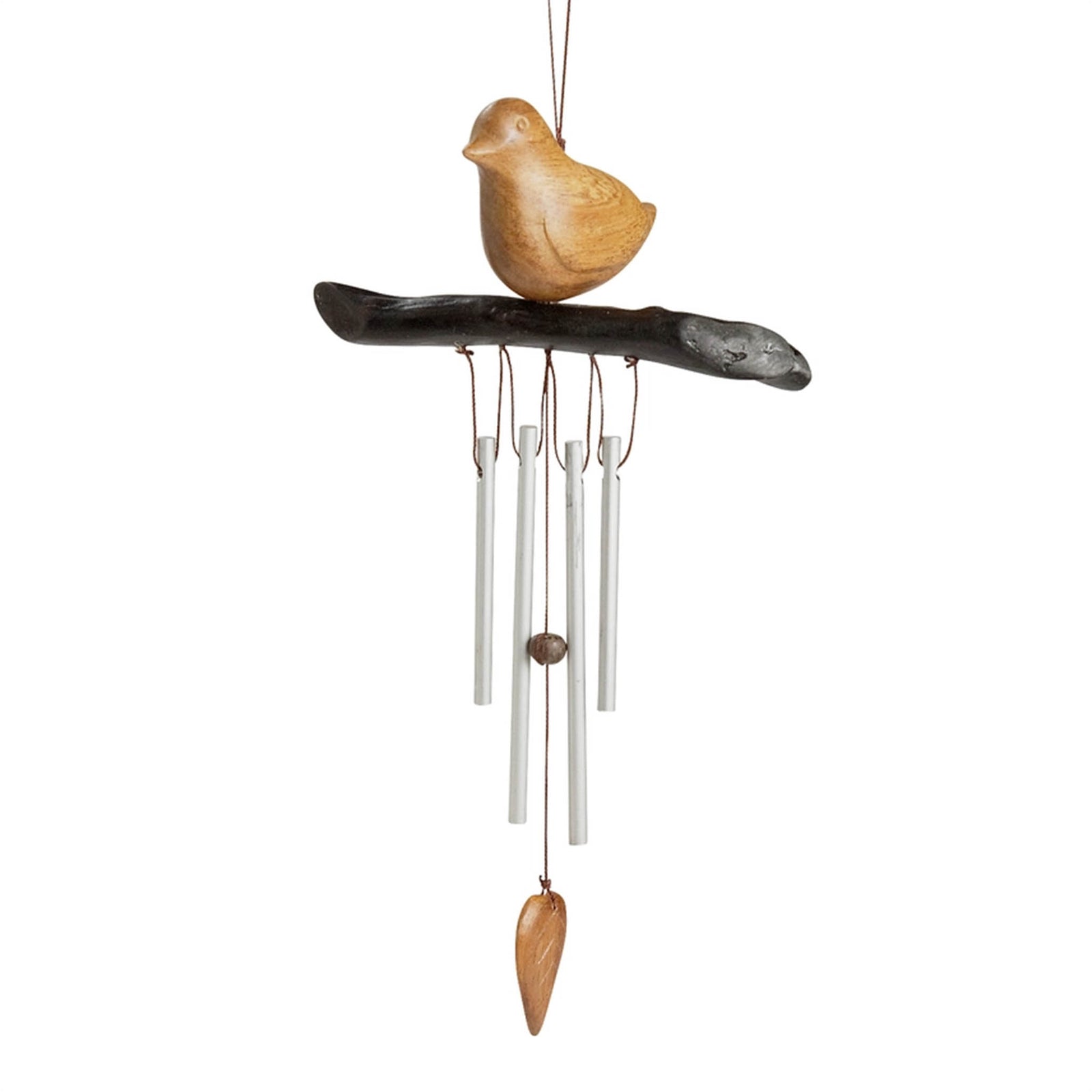 Wooden bird wind chime with branch and metal chime tubes