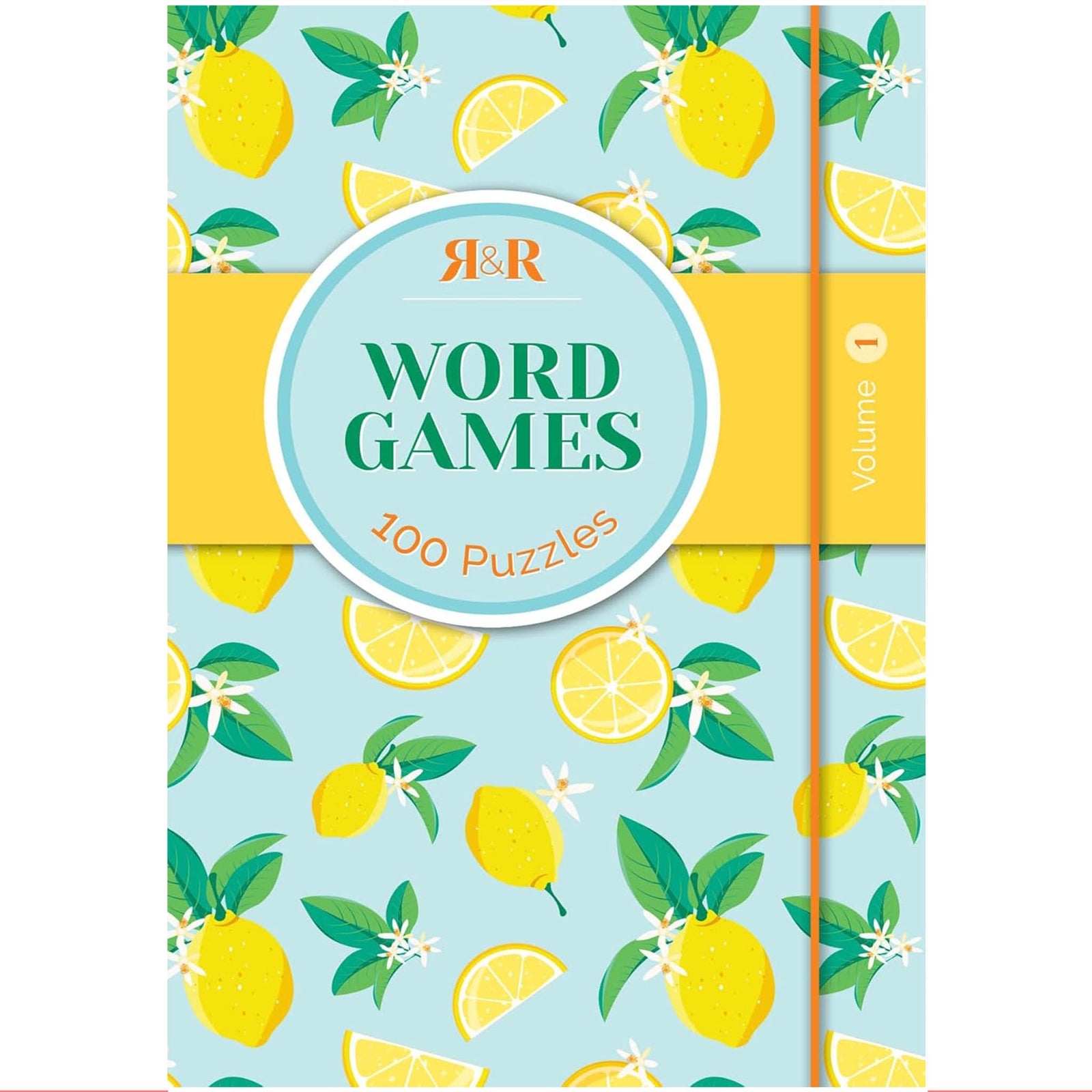 Word games puzzle book with 100 puzzles featuring bright lemon and floral cover design