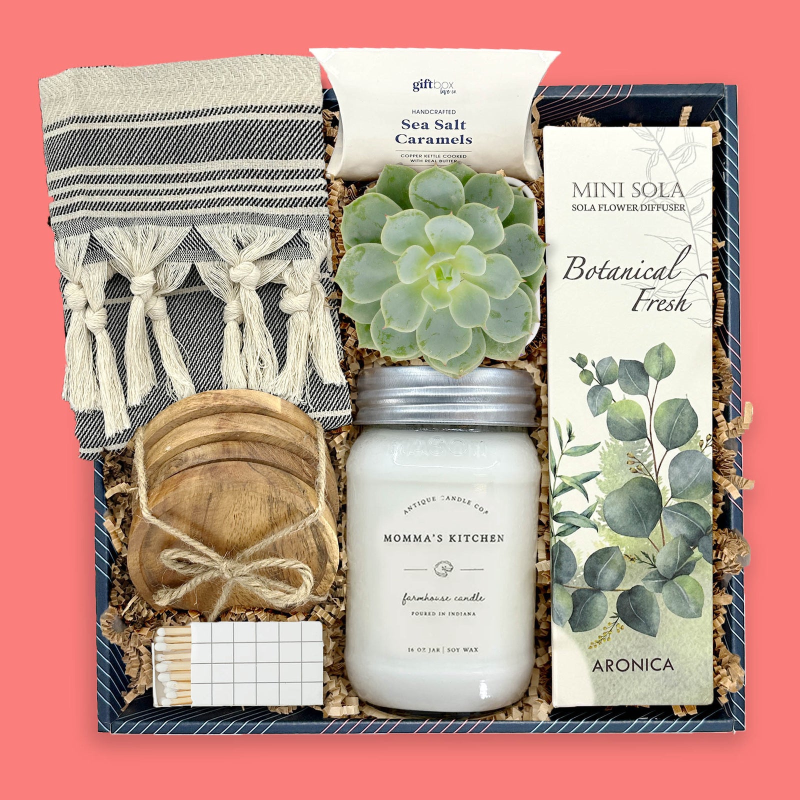 work from home corporate gift box with blanket candle succulent and diffuser