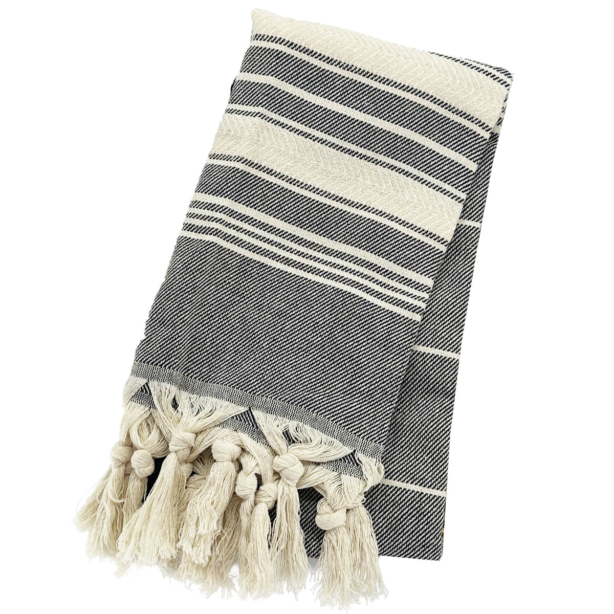 Woven cotton tea towel with black and cream stripes and fringe