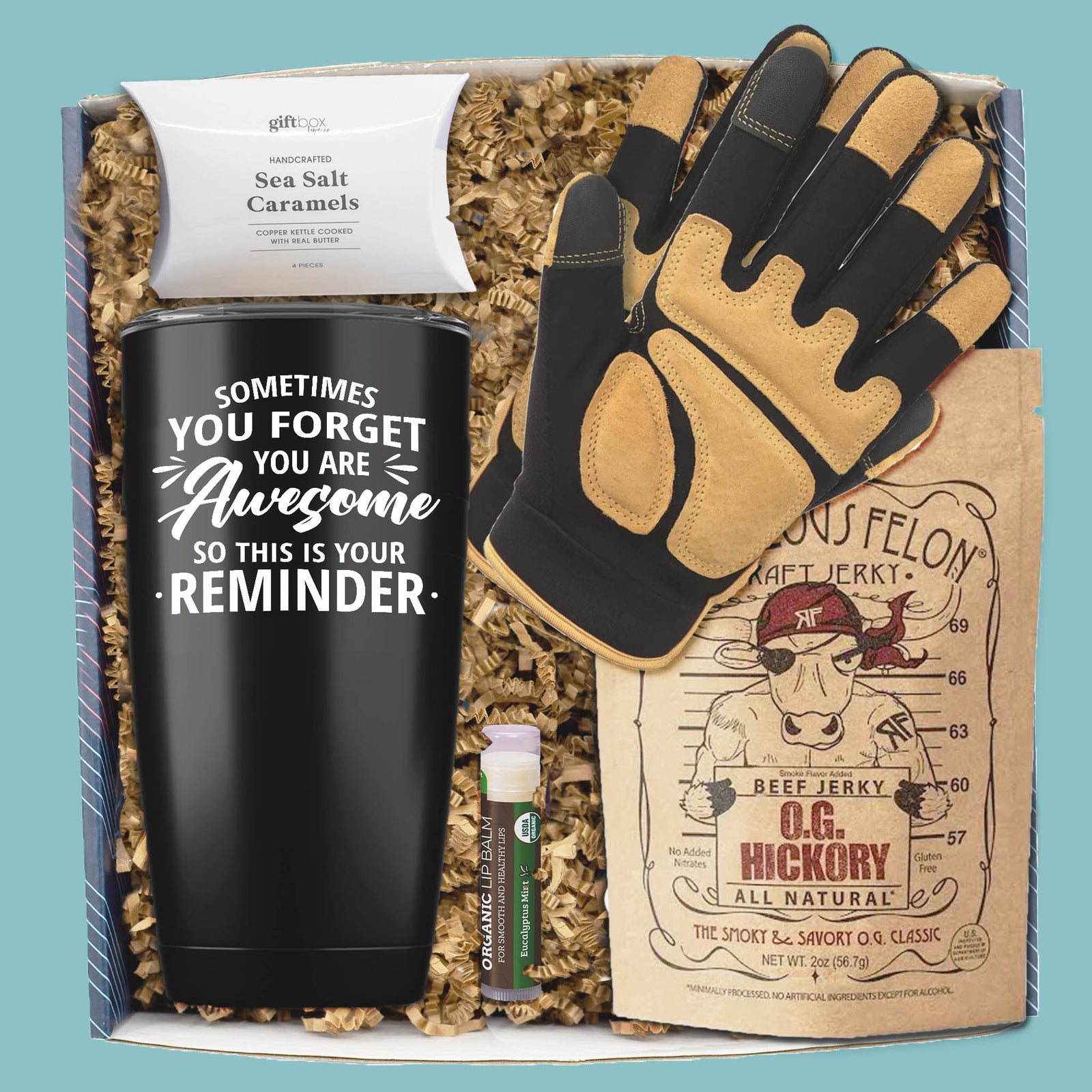 You're Awesome men’s gift box with tumbler, gloves, beef jerky, caramels, and lip balm.